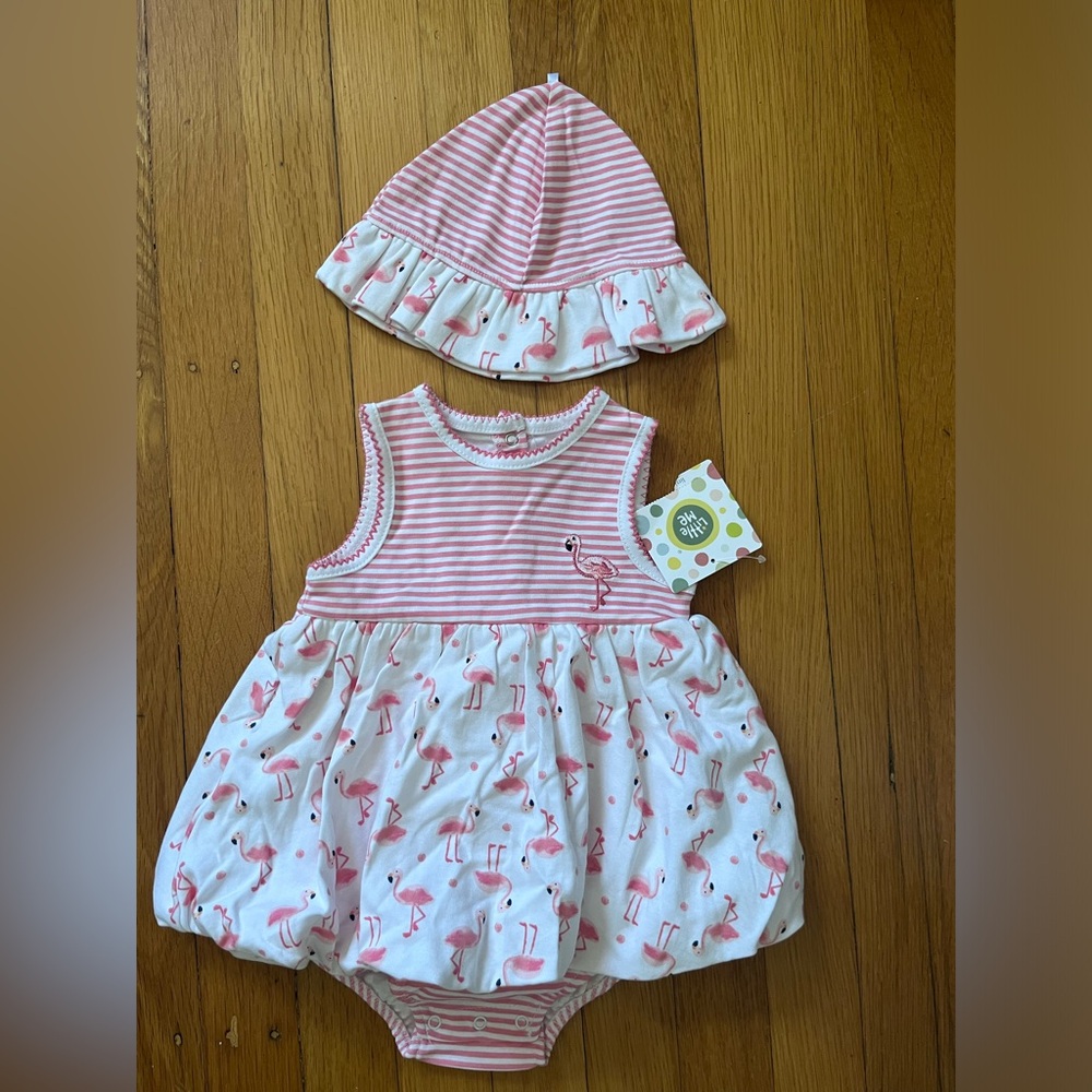 NWT 12 month Little Me flamingo romper dress with hat!
